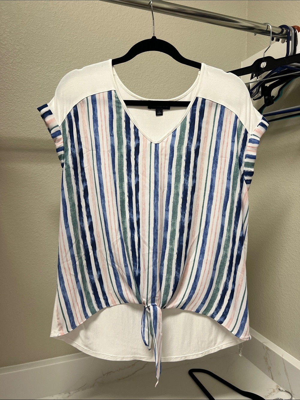 Striped Tie-Front V-Neck Women's Top - White with Blue & Green Stripes